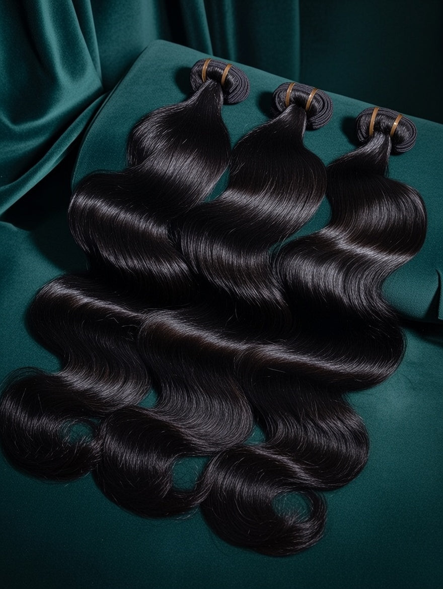 Raw Double Drawn Body Wave Hair on Green Blue Sheen